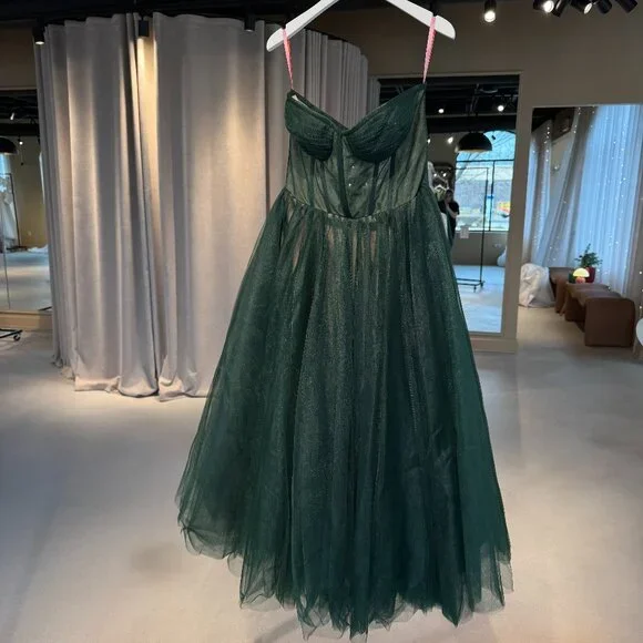 Milla Emerald Green Strapless Puffy Midi Tulle Dress